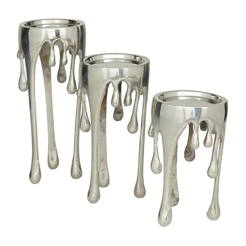 Image of CosmoLiving by Cosmopolitan Aluminum Metal Abstract Decorative Candle Holder Melting Drip Candle Stand, Set of 3 Candlestick Holder 12 inch, 10 inch, 8 inchH, Silver