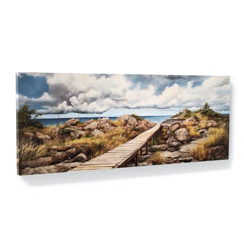 Sense Canvas Boardwalk Cloudy Sky Rocky 13 - Lienzo decorativo para decoración del hogar, póster pequeño de 20 x 8 / 1.5 pulgadas