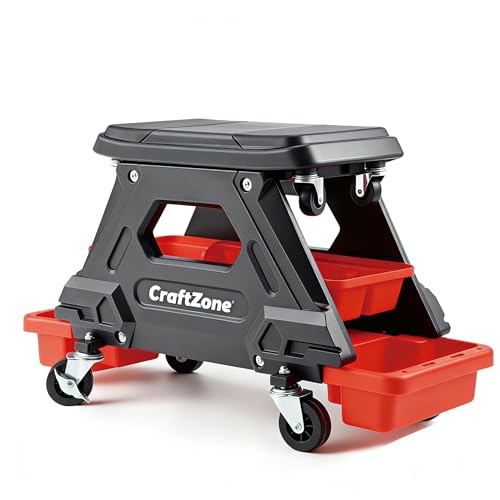 CRAFTZONE Adjustable Shop Stool with Wheels & Backrest - 360° Swivel Mechanics Roller Seat with Storage Tray. Ideal for Garage, Workshop, Kitchen, Salon, or Tattoo Shop (300.4) by CRAFTZONE - Used condition - US$59.89