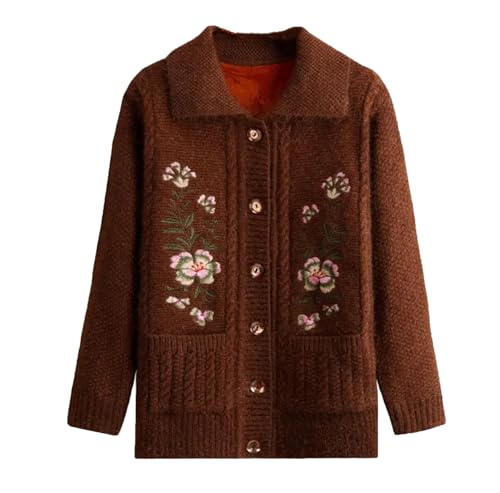 Women's Thick Warm Long Sleeve Cardigan with Pockets for Middle-Aged Mother Retro Embroidered Turn Down Collar Knitted Coat