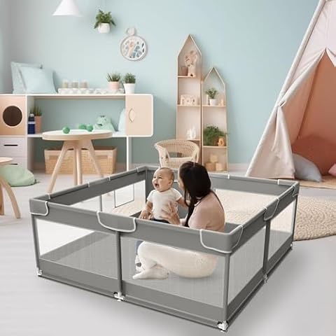 XVISHX Baby Playpen, 50 x 50 inch Baby Playard, Travel Pack N Play, Pack and Play for Indoor & Outdoor, Playpen for Babies and Toddlers, Baby Fence Play Pen, with Soft Breathable Mesh, Grey Cover