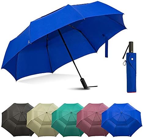 Portobello Large Travel Umbrella Folds Into Portable Travel Size - 54 Inch Double Vented Canopy Big Enough To Fit In 2 Adults - Auto Open Close (Blue)