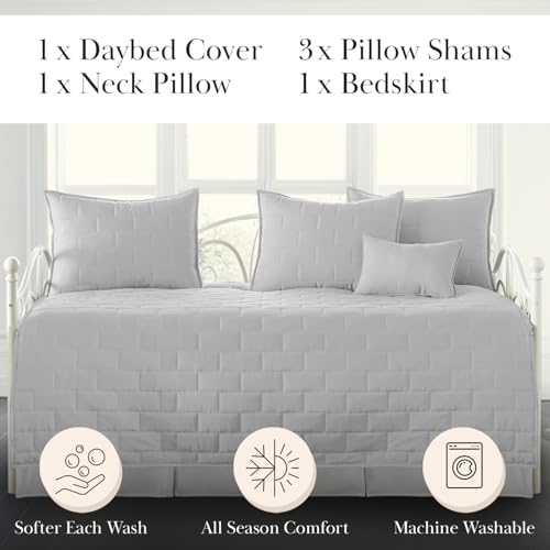 Image of Southshore Fine Living, Inc. Twin Daybed Comforter Sets, 6-Piece Trundle Bed Bedding Set with Bedspread, 3 Pillow Shams, Bedskirt, Throw Pillow - Day Bed Cover Sets, Brickyard Light Grey
