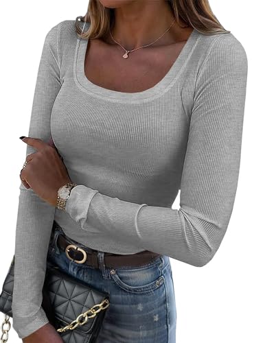 Image of Zeagoo T Shirts for Women Long Sleeve Scoop Neck Top Cute Trendy Summer 2026 Fall Tee Blouse Clothing Grey