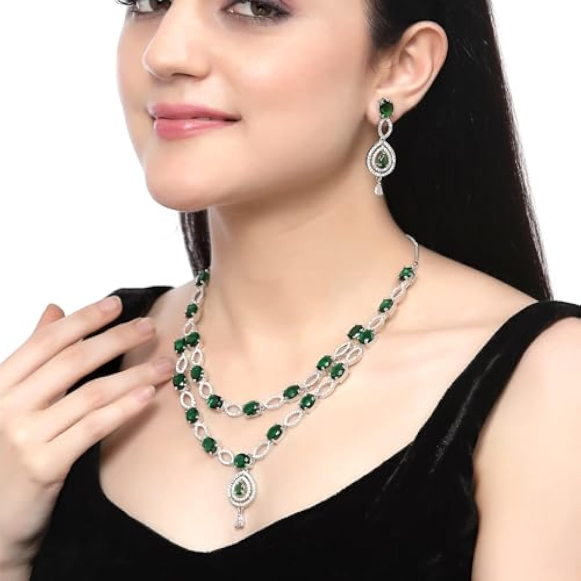 Abstract Necklace & Earrings Set Rhodium-Plated AD Studded