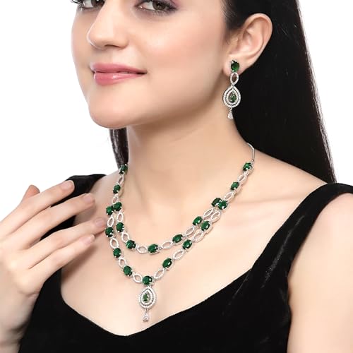 Abstract Necklace & Earrings Set Rhodium-Plated AD Studded