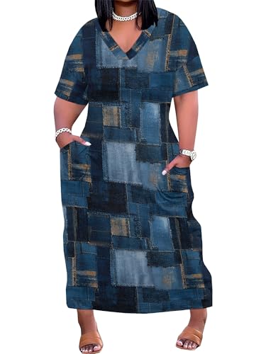 Image of Plus Size Maxi Dress for Women Short Sleeve V Neck Casual Loose Sundress with Pockets