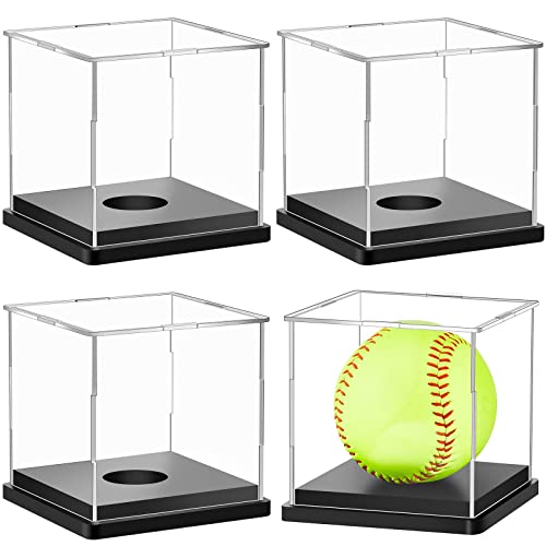 Leinuosen 4 Packs Softball Display Case Plastic Softball Holder Stand Baseball Display Case Memorabilia Acrylic Box UV Protected Clear Cube for Baseball Tennis Ball Sports Ball Storage