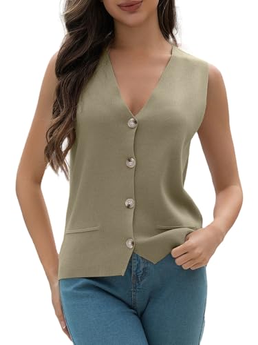 Image of Women's Sweater Vests Summer V Neck Knit Tank Tops Crochet Button Down Sleeveless Y2k Shirts