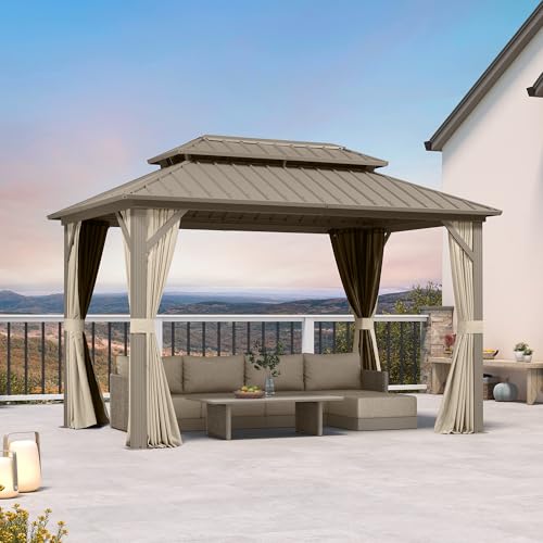 PURPLE LEAF   Cenador de jardín al aire libre, aluminio, 3,65 x 2,4 m, pérgola de doble techo de acero galvanizado, pabellón de jardín con mosquitero y cortinas para terraza, fiesta, barbacoa, champán
