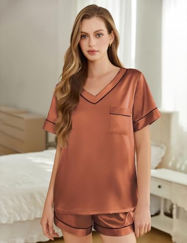 Image of Silk Pajamas for Women Short Sleeve Satin 2 Piece Pj Set Soft V Neck Sleepwear Loungewear, S-XXL