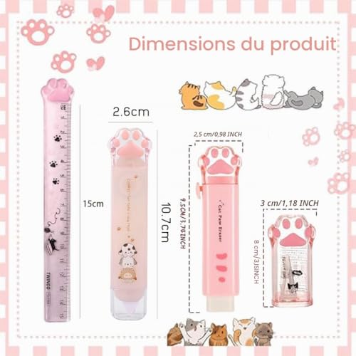 WHYCNJL Lot de 4 Articles Papeterie en Forme de Patte de Chat Mignonne, Taille-Crayon Kawaii, Gomme, Ruban Correcteur, Règle, pour Élèves de l'école – vue 2