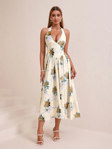 Image of Parthea Women's Gingham Halter V Neck Midi Dress Corset Smocked Sundress Flowy A Line Wedding Guest Dresses