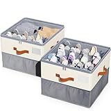 KETYWHA Shoe Organizer for Closet, 2 Pack Foldable Shoe Storage Containers with Clear Cover, Shoe Box Organizers Bins with Adjustable Dividers 4Handles,Shoe Storage Fits 8-16 Pairs (Beige & Grey)