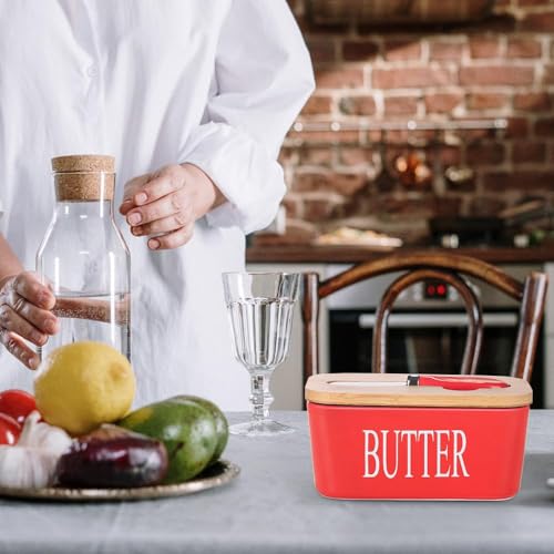 Image of Ceramic Butter Dish with Wooden Lid and Stainless Steel Knife, Large Butter Container Keeper with Bamboo Cover and Silicone Sealing Ring for West and East Coast Butter (Red)