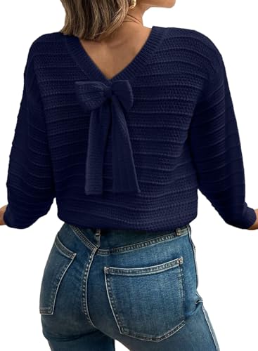 Image of EVALESS Sweaters for Women Long Sleeve Fall Outfits 2026 Back Bow Knot Sweaters Round Neck Solid Knit Pullover Tops