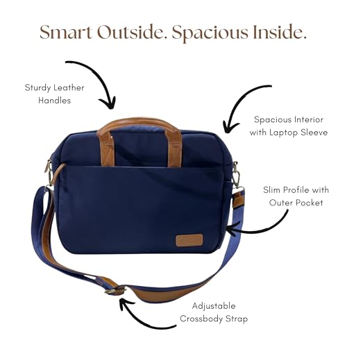Navy Blue Canvas Laptop Bag for Men & Women – Stylish 15.6" Work Bag with Leather Handles & Adjustable Strap – Lightweight Briefcase for Office, Travel & Everyday Use2