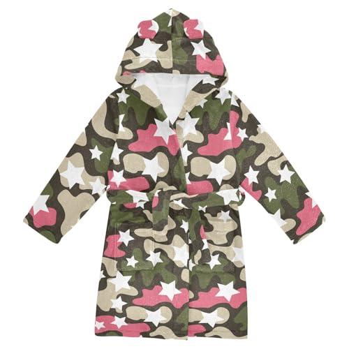WIFIU Toddler Baby Hooded Bathrobe for Boys Girls Pink Camouflage Stars Pattern Printed, Soft Plush Bath Towel Robe with 2 Pockets for 7-9 Years