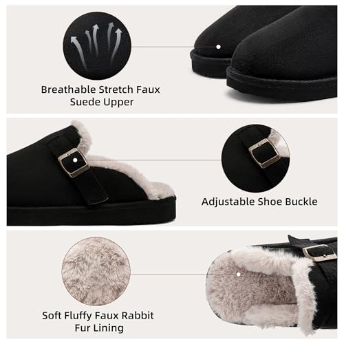 Women's Fuzzy Suede Slippers Faux Fur Memory Foam Scuff Slippers Warm Winter Slip-On House Shoes with Adjustable Buckle Indoor and Outdoor3