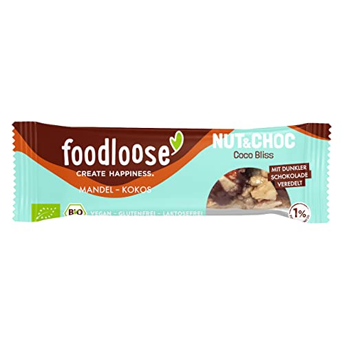 foodloose Bio-Nut&Choc Riegel Coco Bliss | Vegane, laktose- und glutenfreie Bio-Nussriegel ohne raffinierten Zucker | Dunkle Schokolade, Mandel & Kokos Cover