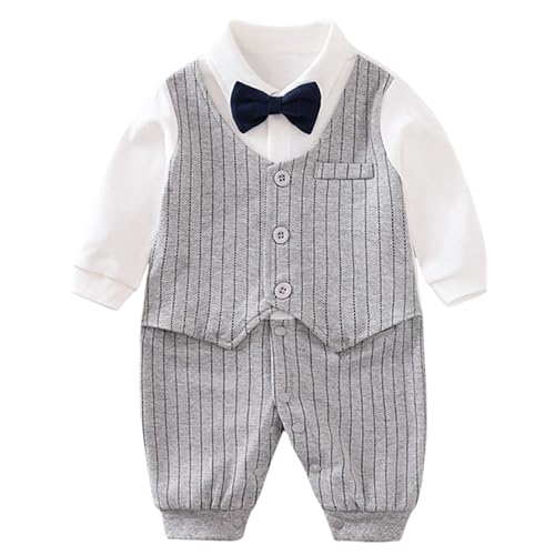 Image of HUAANIUE Newborn Baby Boys Gentleman Romper One Piece Long Sleeve Bowtie Outfit Formal Wear Tuxedo Suit
