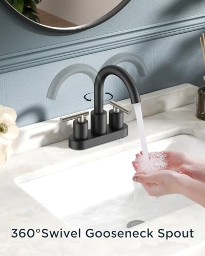 Image of FORIOUS 4 Inch Centerset Bathroom Sink Faucet Black and Brushed Nickel, 2 Handle RV Bathroom Sink Faucet Matte Black 4 inch with Pop Up Dain, 24 in Hot and Cold Water Hoses, and 360 Degree Swivel Spout
