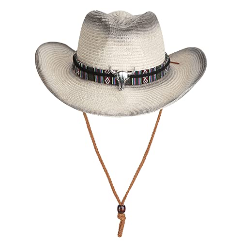 Straw Cowboy Hat Wide Brim Sun For Men Women Cowgirl Panama With Chin Strap Bull Sombrero Travel Change Color, Beige& Black, One Size #TOP16