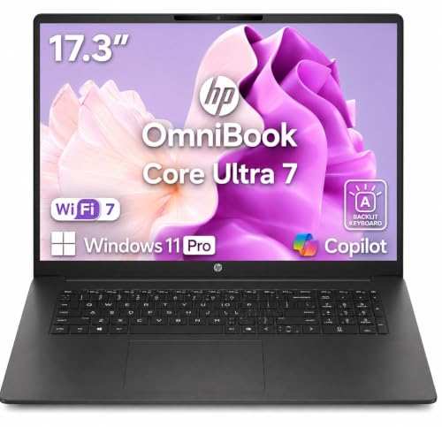 Image of HP 17.3 inch New-Gen OmniBook AI Laptop, Intel Core Ultra 7 255U, 16GB DDR5 RAM, 1TB PCIe SSD, FHD IPS Display, Wi-Fi 7, Backlit Keyboard, Windows 11 Pro