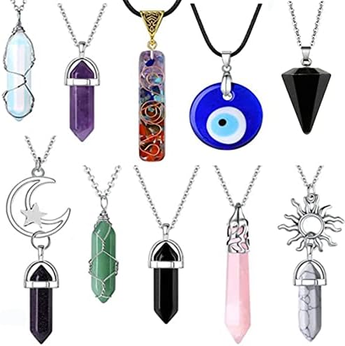 Jetcloud 10Pcs Women Necklace Set Healing Crystal Pendant Vintage Evil Eye Necklace Fashion Moon Sun Jewelry Hexagonal Amethyst Stone Necklace for Women Girl, Multicolor