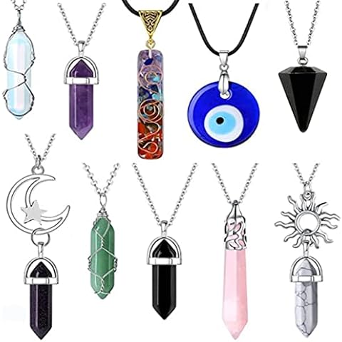 Jetcloud 10Pcs Women Necklace Set Healing Crystal Pendant Vintage Evil Eye Necklace Fashion Moon Sun Jewelry Hexagonal Amethyst Stone Necklace for Women Girl, Multicolor Cover