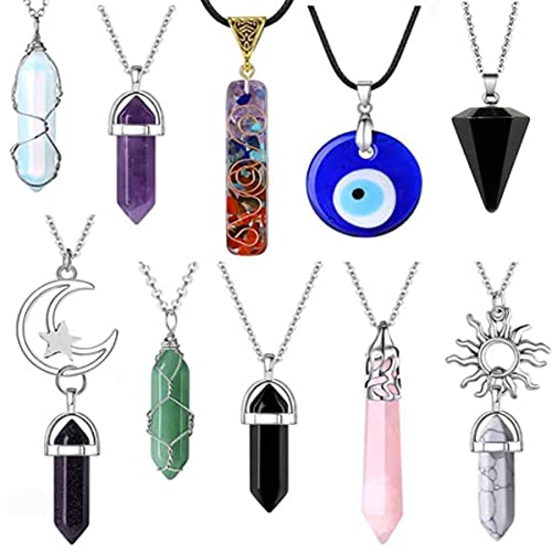 JTWEB 10pcs Collar de Cristal Conjunto de Colgantes de Cristal Collar Evil Ojo Collar Vintage Fashion Moon Sun Jewelry Amethyst Crystal Rose Quartz Obsidiana Collar Carnellace para Mujeres Niñas Cover