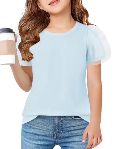 Image of Arshiner Girls Shirts Mesh Puff Short Sleeves Blouse Crewneck Cute Print Summer Kids Tee Tops