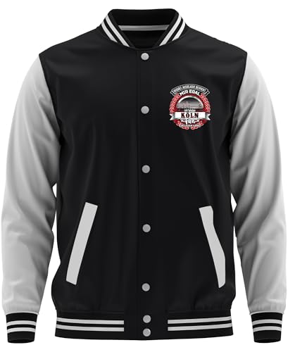 UGLYSHIRT Ein Leben lang Köln Herren College Jacke | Sport Baseball Freizeit Sweatjacke Cologne Football Köln Jacke | M1 Schwarz (XL)