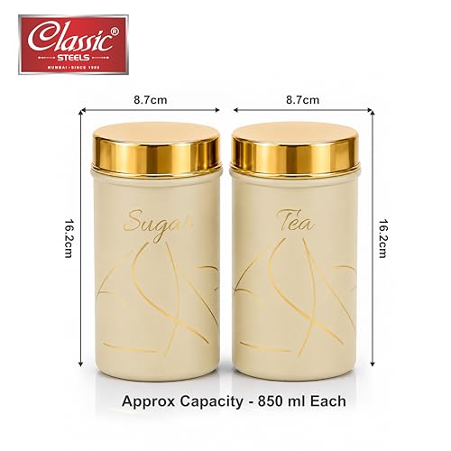 Image of Classic Steels Premium Long Tea & Sugar Canister Set (850ml) (Cream) | Airtight Kitchen Canisters Stainless Steel Storage Jars with Gold Lid & Label | Matte Finish Kitchen Storage Container Set