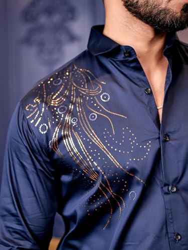 Image of Foomer Navy Blue Sequin Club Wear Shirt for Men - Elegant Shine with Satin Cotton Fabric - Party Shirt Ideal for Trendy Occasions