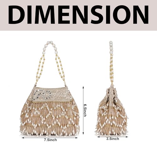 Image of Nevis PU Silk Women's Pearl & Bead Embellished Potli Bag with Beaded Handle | Designe Wedding & Festive Handbag