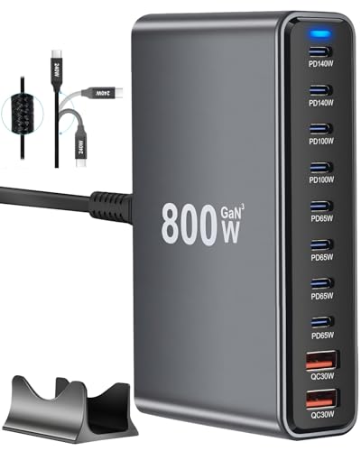 800W USB C Fast Charger Block, 10 Port USB Charging Station, GaN Ⅲ Pro Dual 140W PD PPS Port for Multiple Devices,Laptop Wall Charger Compatible with DELL, HP, MacBook Pro,iPhone 16,Galaxy S24