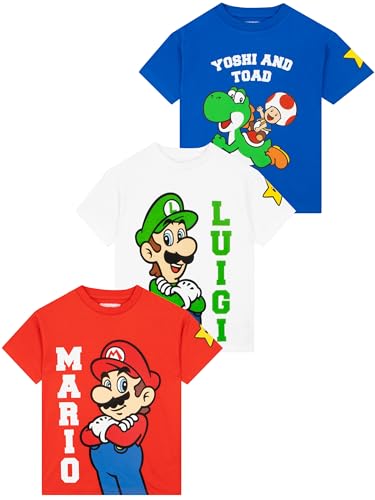 Super Mario T Shirts Garcon Lot de 3, T-Shirt Enfant Mario, Luigi et Yoshi, Chemise Ete Gamer Été, Coton Manches Courtes 8-9 Ans