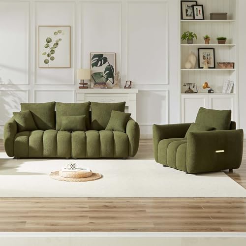 Image of Antetek 35 inch Modern Accent Single Sofa Chair, Comfy Deep Seat Teddy Fabric Living Room Chair, Leisure Boucle Reading Sofa Arm Chair for Bedroom, Office, Apartment, Green