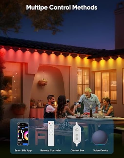 Smart Permanent Outdoor Lights, RGB with IC + Warm White, Under-Eave Lighting, 100ft/72 LEDs/IP67 Light / IP65 Controller, 111+ Scenes, Music Sync, Alexa/Google, Wi-Fi/Voice/Remote Control