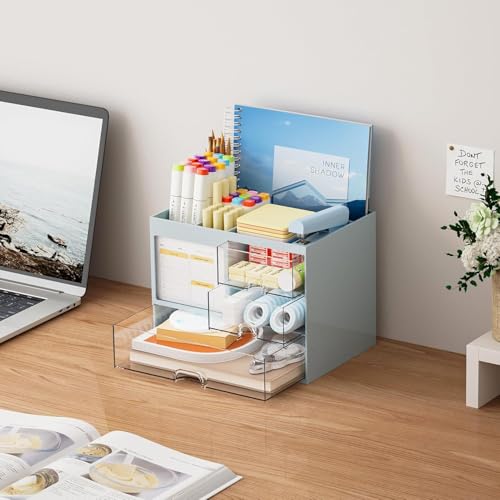 Image of UCRAVO Blue Aesthetic Desk Organizer and Storage with 3 Clear Drawers Multi-Functional Large Capacity Pencil Pen Holder | Cute Desktop Organizer with 8 Compartments for Office, Home, and Art Supplies