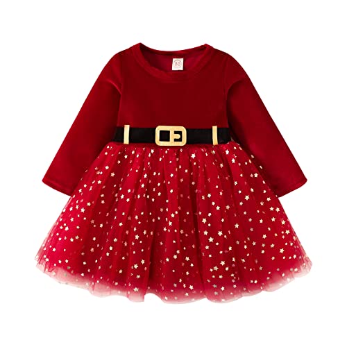 Vestido de Navidad para niña con Diadema, Vestido de Princesa de Terciopelo de Manga Larga, Falda tutú de Malla, Conjuntos de Ropa para niñas pequeñas (Star Red 1, 4-5 Years) Cover