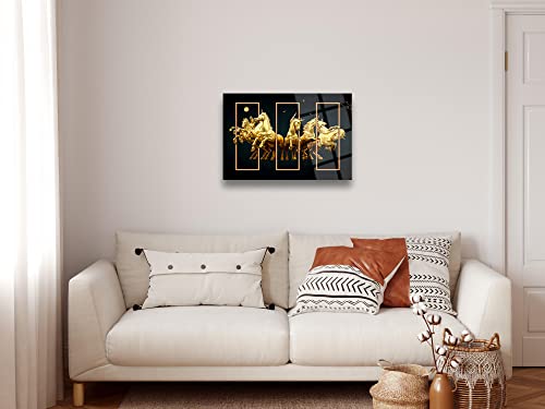 Glass Wall Art, Animal Gold Horses Themed Wall Decor, Home Living Room Entryway Bedroom Decoration, Vivid Color, Uv Printed Durable And Tempered Glass With Size Options ((45X65Cm) 18X26 Inches) #TOP1