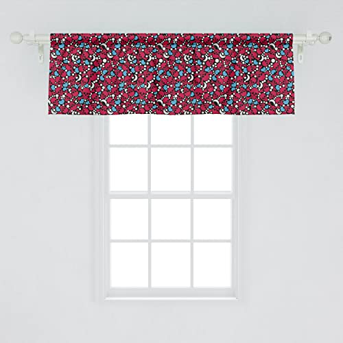 Ambesonne Skull Window Valance Pack Of 2, Smiling Red Skulls With Hearts Moons And Dots Pattern On Black Backdrop Illustration, Rod Pocket Curtain Valances For Kitchen Bedroom, 54" X 18", Coral Blue #TOP8