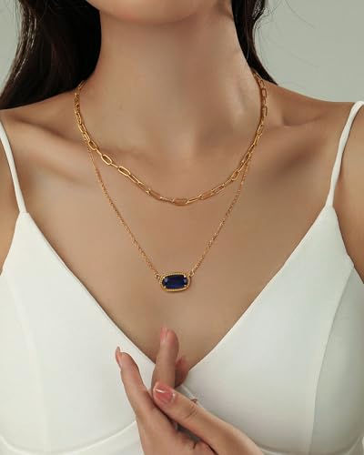Lourny Gemstone Crystal Pendant Layered Necklace for Women Trendy, 18K Gold Plated Paperclip Chain Charm Necklaces Women Wife Jewelry3
