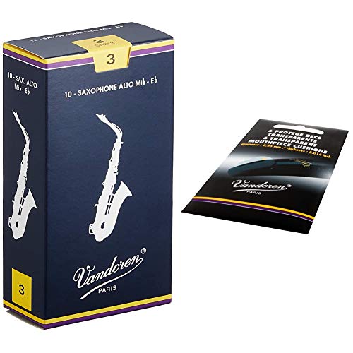 Vandoren SR213 Alto Sax Traditional Reeds Strength 3; Box of 10 & VMC6 Mouthpiece Cushions; Clear; Thin; 0.35mm/.014