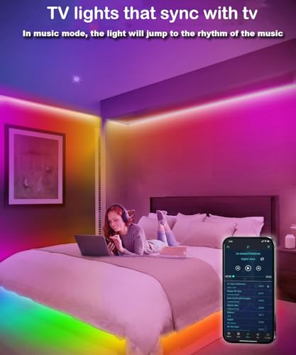 Image of LED Strip Lights for Bedroom 33 FT, IC-RGB LED Lights for Room with Remote Bluetooth APP Control, USB LED Light Strip for Ambient Lighting Room Decor Christmas Halloween