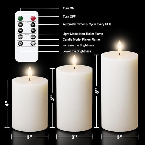 Image of JOIONE White Flameless Pillar Candles with Remote, 3 Pack Home Decor | Battery Operated LED, Pure White Real Wax, Remote Control, Warm Flickering Glow, Safe Living Room & Dining Table Decor
