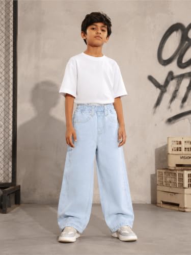 Image of KiddoPanti Boys Baggy Jeans | Stretch Denim Wide Leg Jeans | Elastic Waist Casual Denim Pants | Cotton Blend Loose Fit with 4 Pockets | Kids Street wear | 2-14 Years