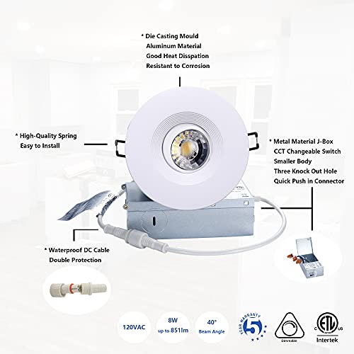 Image of POPANU Premium Canless Recessed Gimbal Downlight Rotatable-Spotlight 5 CCT 4 Inch Eyeball Ceilling Potlight, Dimmable Lights Fixture with Junction Box, 8W, White Round Trim, with Baffle, 6P
